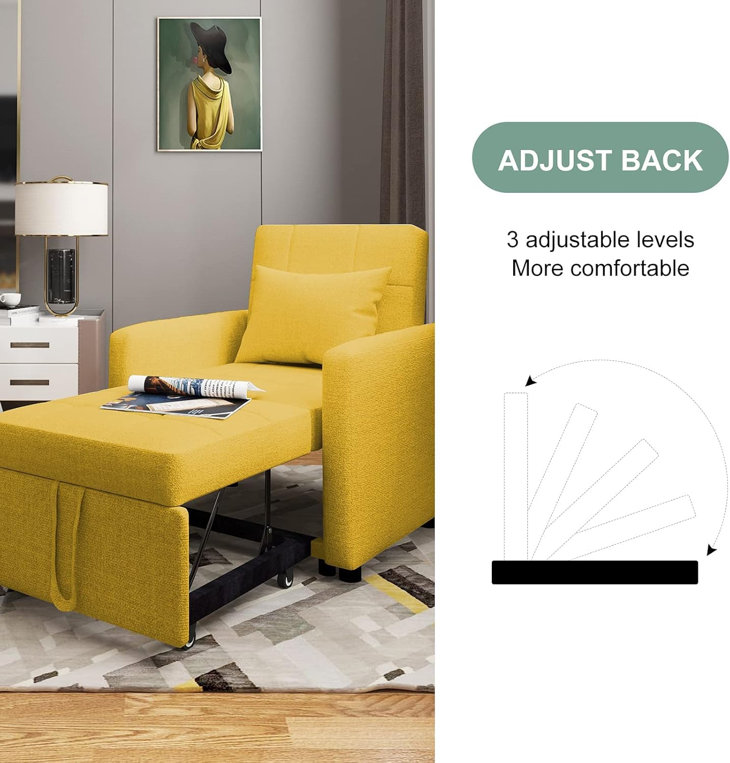 saows 3 in 1 Convertible Chair Bed, Convertible Sleeper Chair Bed, Lounger Chair, Adjustable Backrest with Pillow, Modern Sofa Bed for Living Room Apartment, Bright Yellow