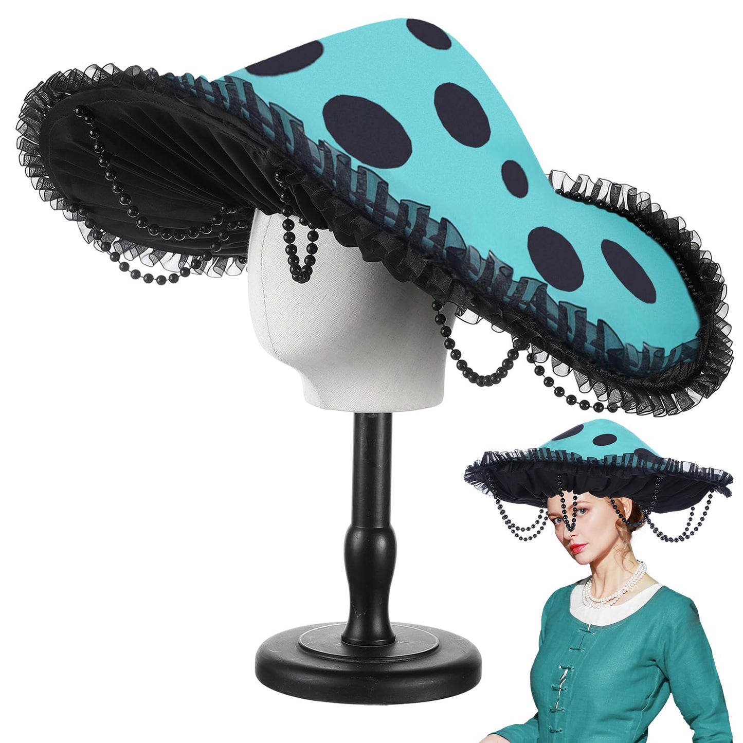 Croloose Mushroom Hat Renaissance Medieval Costume Cosplay Halloween Victorian Fairy Accessories with Bead Lace Brim Cap (Green and Black)