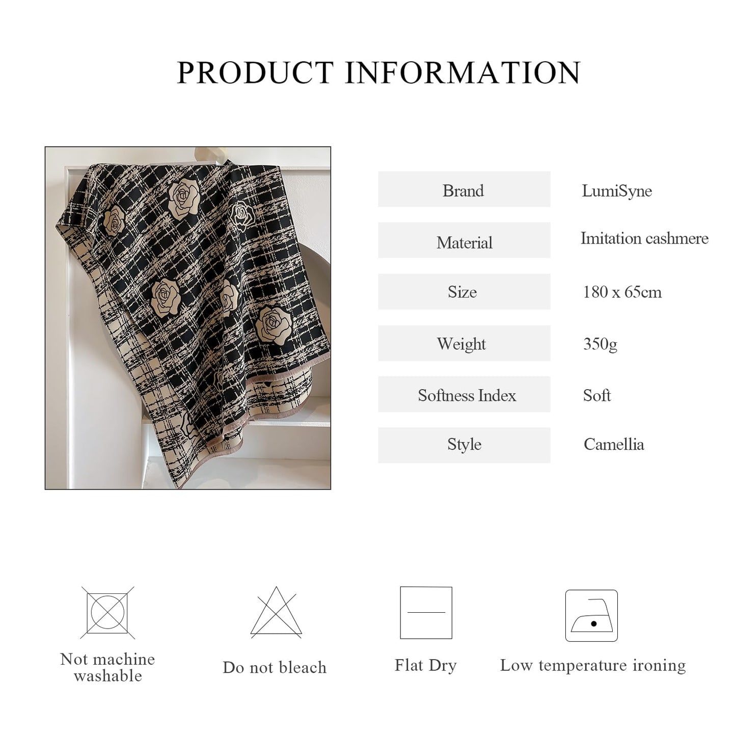 LumiSyne Winter Scarf Women Pashmina Shawls And Wraps Romantic Checked Camellia Pattern Reversible Cashmere Scarf With Tassel