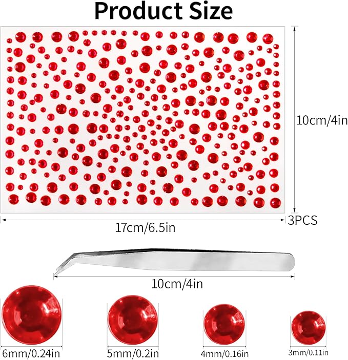 Self Adhesive Face Gems and Pearls for Makeup, Festival Jewels, Hair Gems, Rhinestone Stickers for Face, Eye, Makeup, Nail, Body, Crafts 3/4/5/6 mm 975Pcs (08.gem_red)