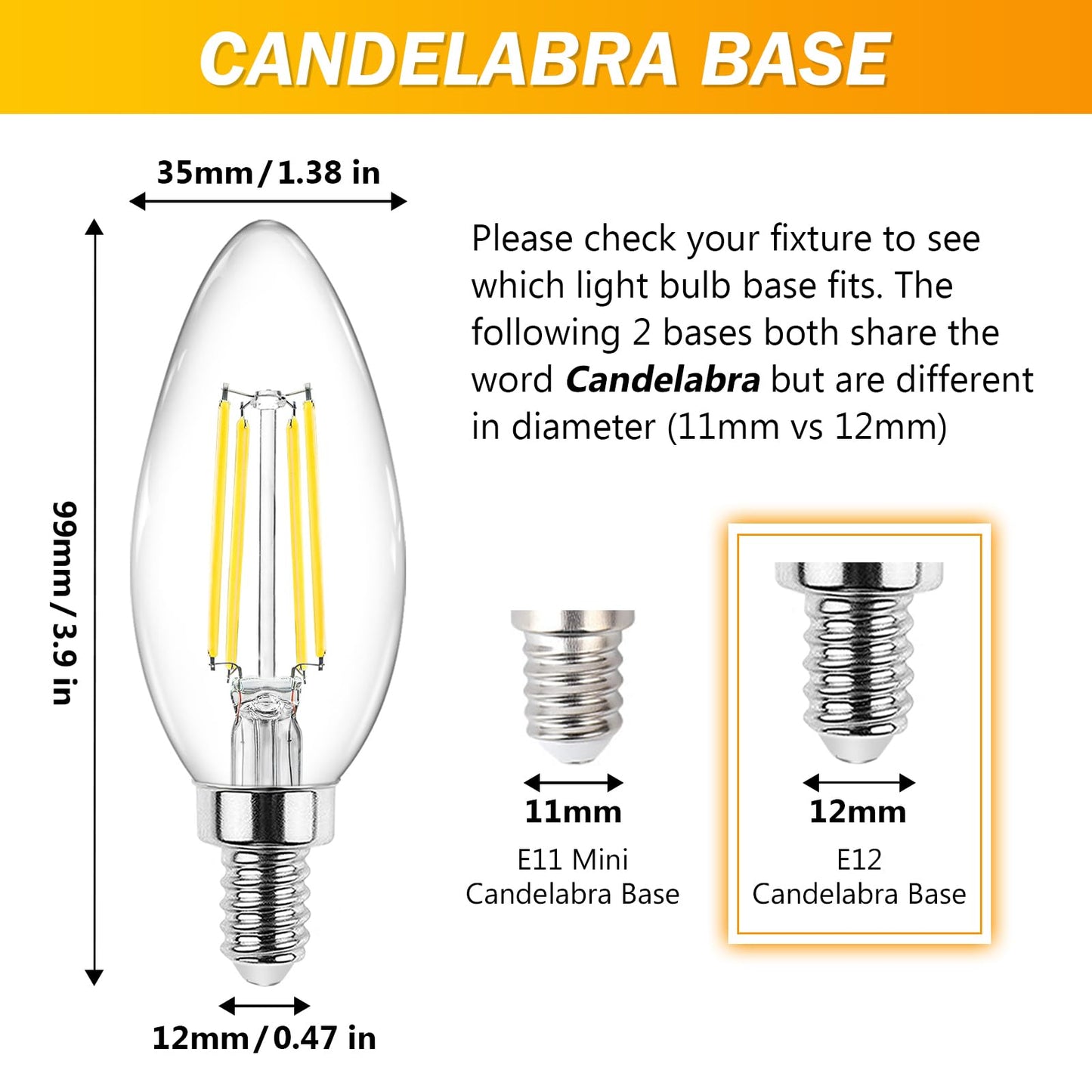 Ascher E12 Candelabra LED Light Bulbs 60 Watt Equivalent, Daylight White 5000K, Non-Dimmable, 550 Lumen, Clear LED Filament Candle Bulbs, Pack of 5