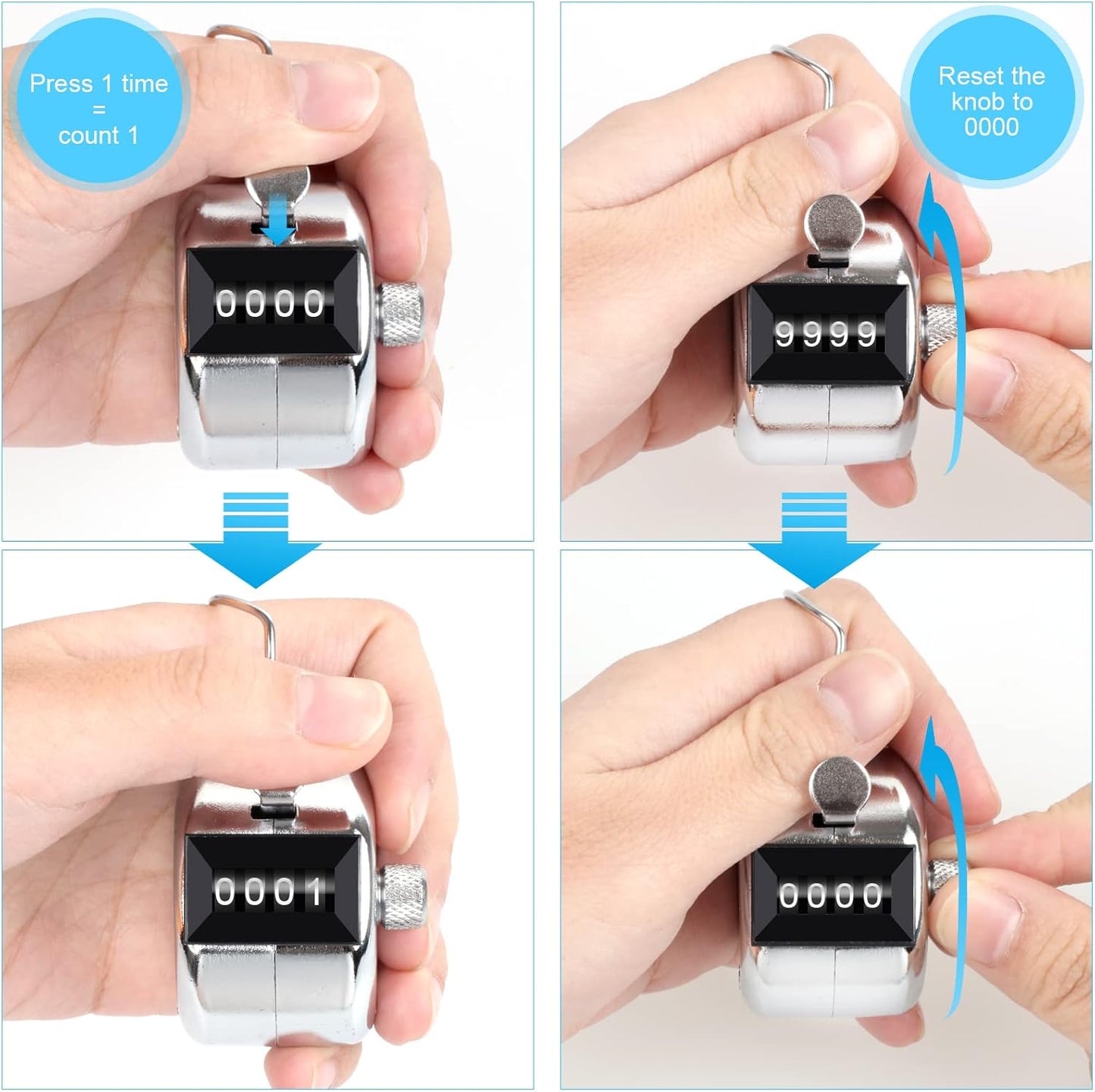 2 Pack Metal Hand Counter Four-Digit Counter with Nylon Lanyard Silver Counter Click Counter Handheld Click Counter Digital Counting