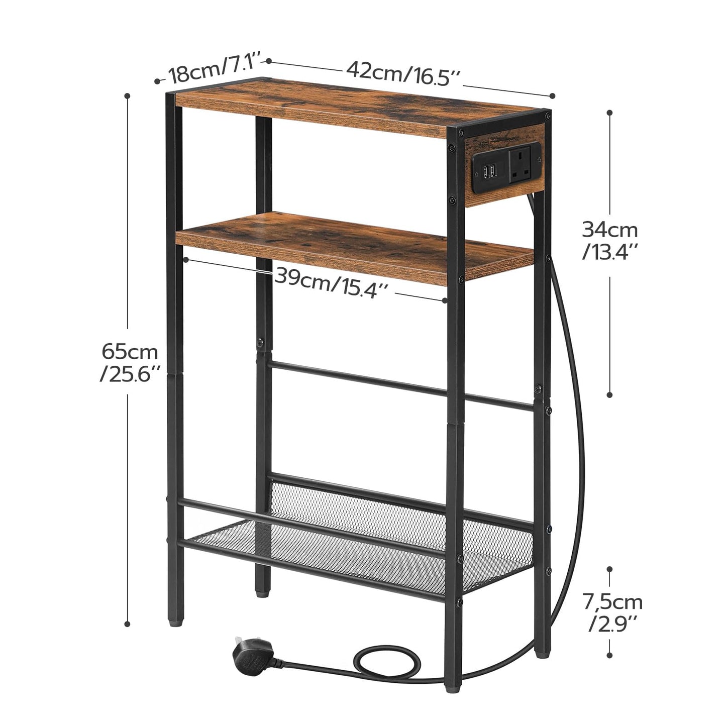 HOOBRO Slim Side Table with Charging Station, Narrow Bedside Table for Small Spaces, 3-Tier End Table with USB Ports and Power Outlet, Rustic Brown and Black EBF102KBZ01