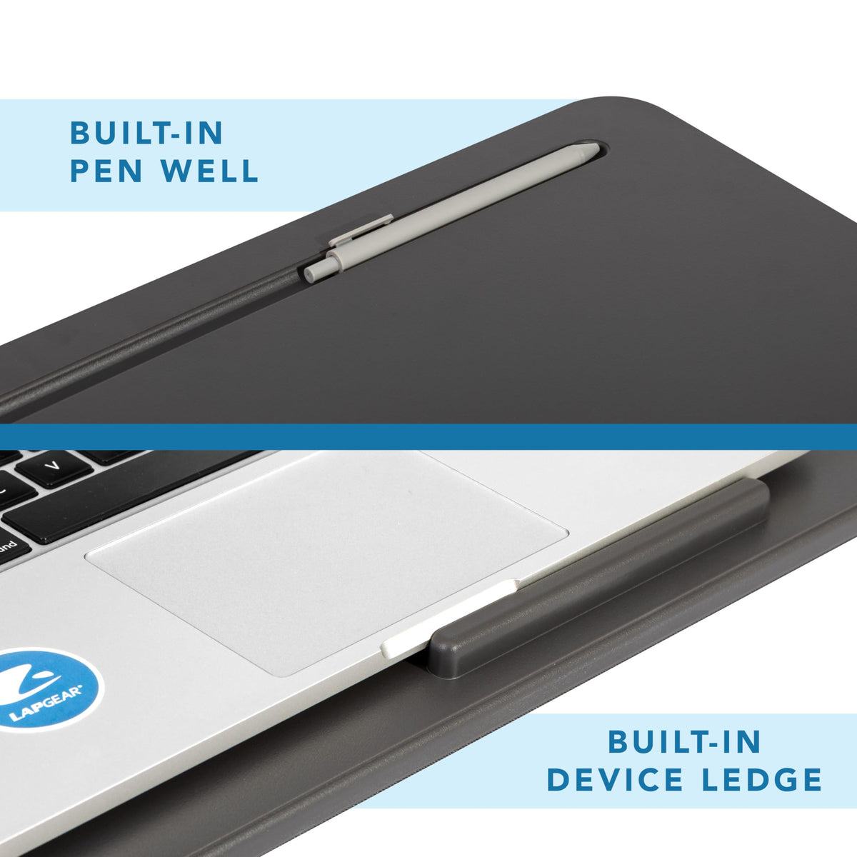 LAPGEAR Original Lap Desk – Large (17.9” x 13”) | Fits Up to 17.3” Laptops | Cushioned with Device Ledge, Pencil Tray & Handle | Portable & Lightweight | Charcoal – Style No. 45155