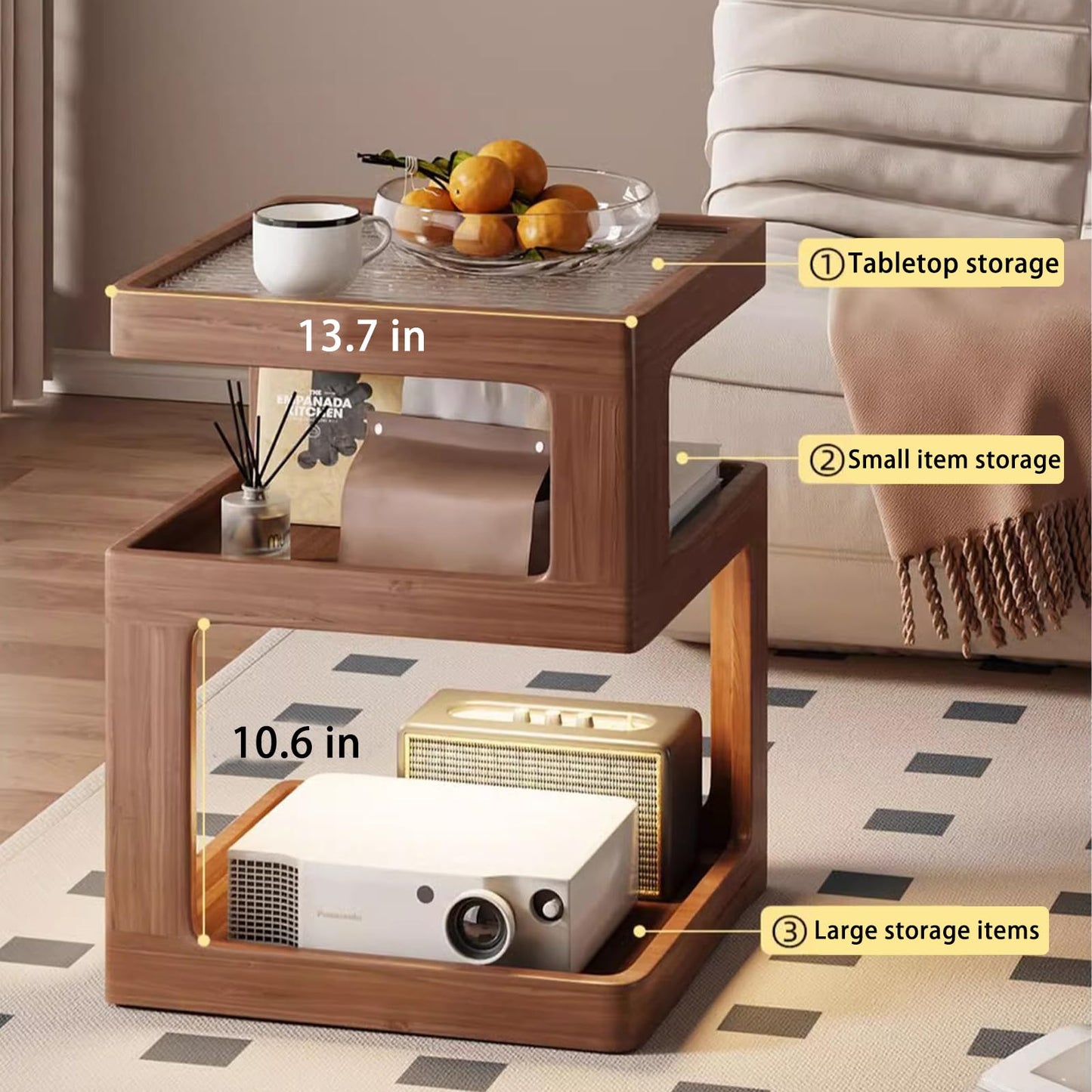 Nightstand 3-Tier Storage, End Side Table with Tempered Glass Desktop, Modern Solid Wood Bedside Table for Bedroom, Walnut