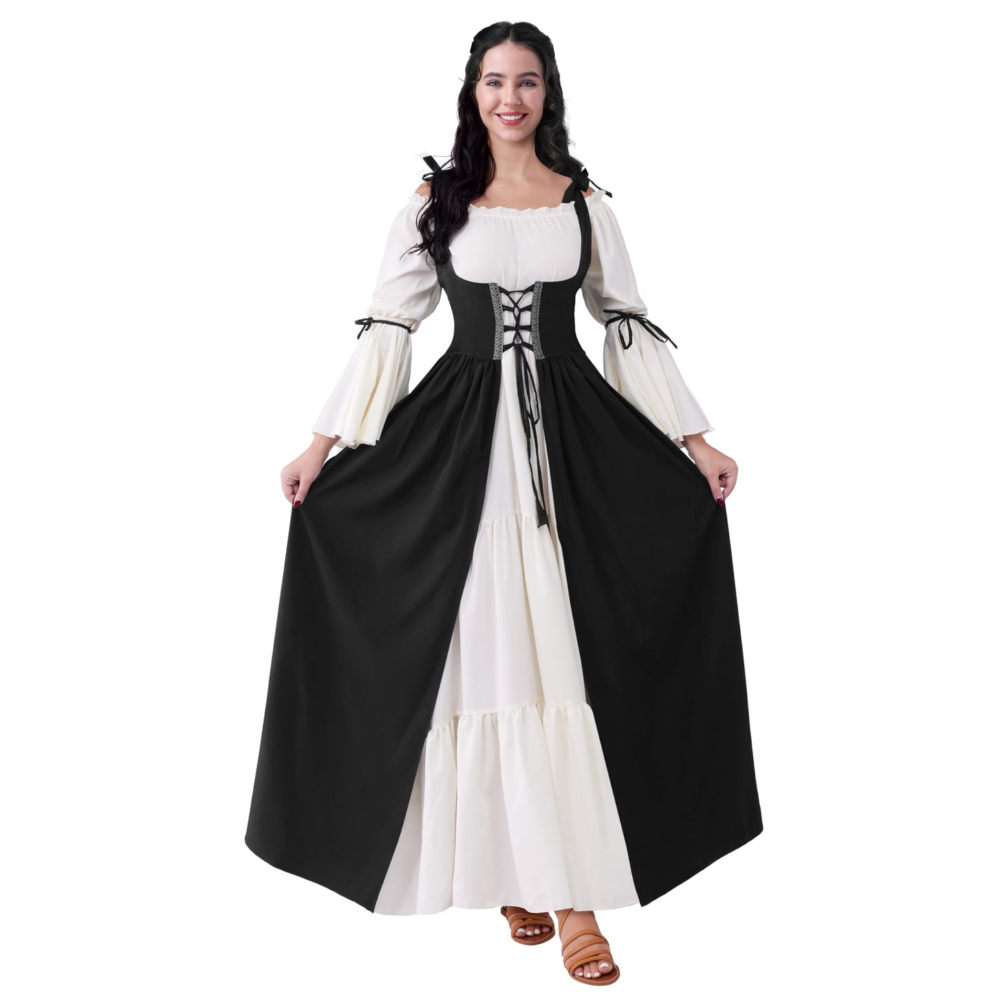 Spooktacular Creations Renaissance Costume Women, Medieval Black Chemise Ren Faire Dress Irish Overdress, Renaissance Corset with Trumpet Sleeve for Halloween Cosplay Wedding Themed Parties-S