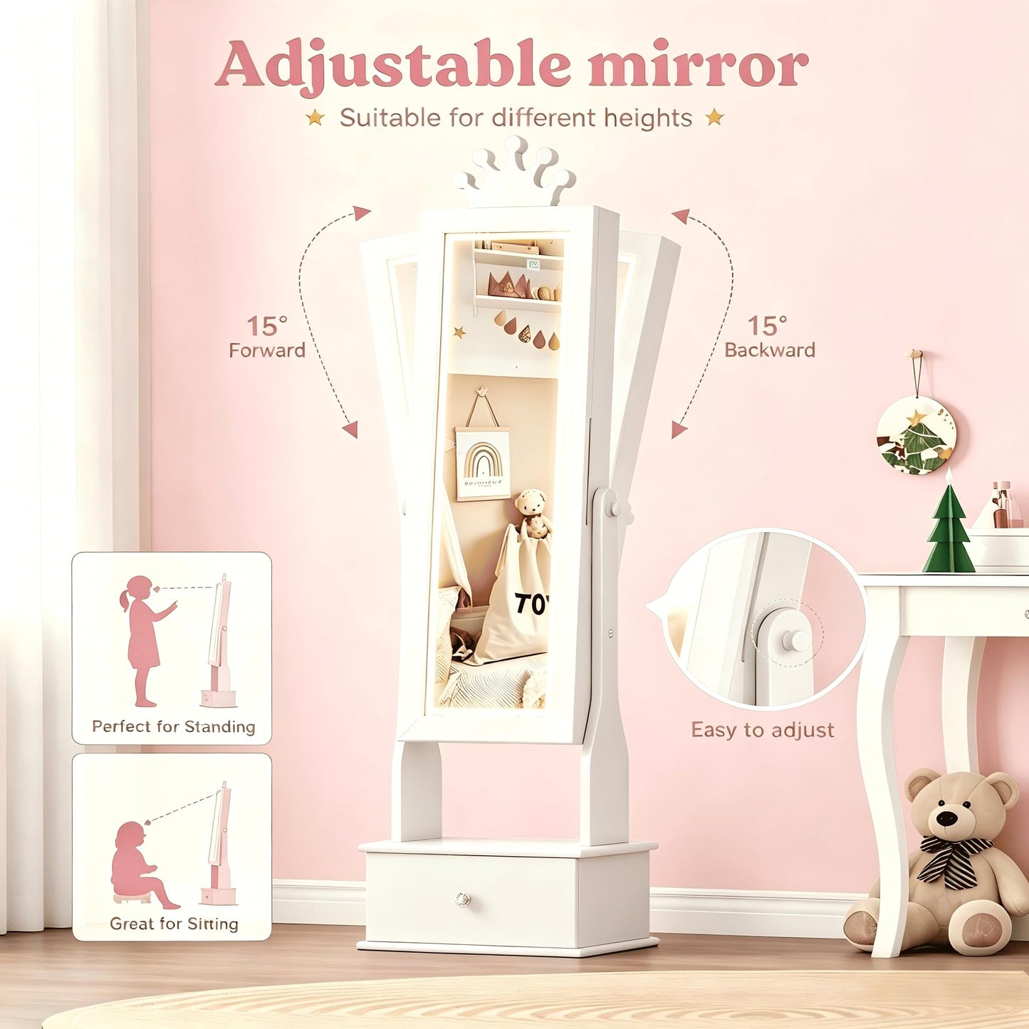 Garvee Kids Jewelry Armoire with Full Length Mirror, LED Lights, Adjustable Angle, Lockable Jewelry Cabinet for Girls, Standing Organizer, Gift for Girls