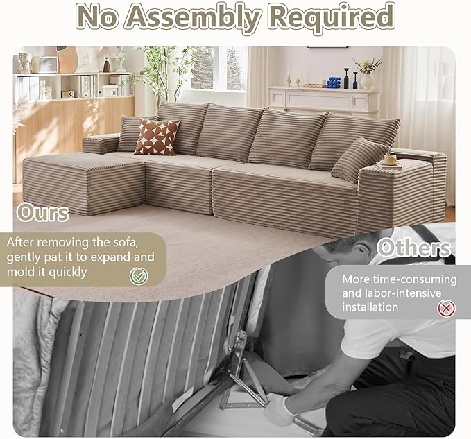 140" Sectional Cloud Couch for Living Room, Modular Floor Deep-Seat Sofa, Big Comfy Corduroy Couches Set with Fluffy Memory Foam, Stupendous L Shaped Sofas, No Assembly Required, Camel