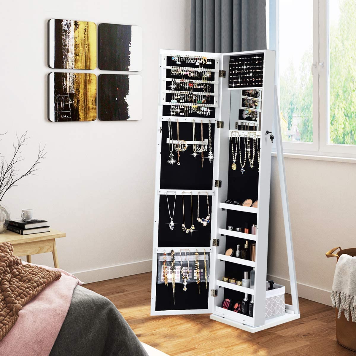 FANTASK Full Length Mirror Jewelry Cabinet, Free Standing Jewelry Armoire w/Inside Makeup Mirror, Stable Base, Large Storage Capacity, White Lockable Jewelry Cabinet Organizer, Easy Assembly