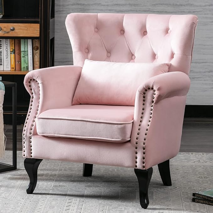DM Furniture Set of 2 Mid Century Modern Accent Chair for Living Room, Velvet Armchair with Tufted Back and Wood Legs, Upholstered Lounge Armchair Single Sofa for Bedroom, Light Pink
