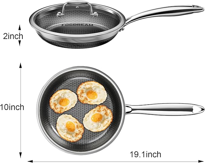 FogDream 10 Inch Non Stick Frying Pans, Stainless Steel Skillet with Tempered Glass Lid Tri-Ply Stainless Steel for All Cooktops, Dishwasher & Oven-Safe Cooking Pan, Stay-Cool Handle, Silver