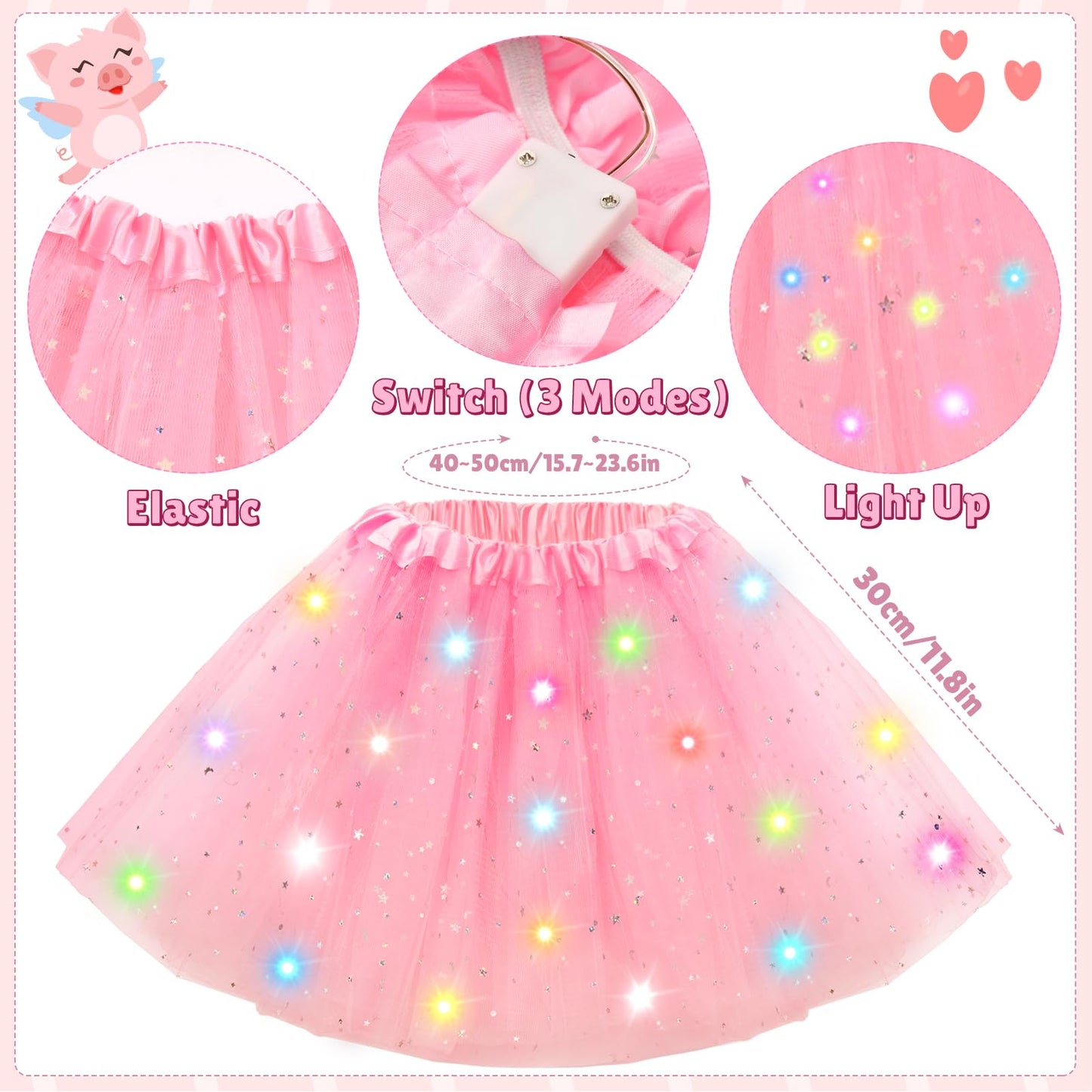 G.C Kids Light Up Pig Costume Girls Pig Ears Headband Nose Tail Bow Tie Tutu Skirt Accessories Animal Costumes Halloween Cosplay Birthday Gifts