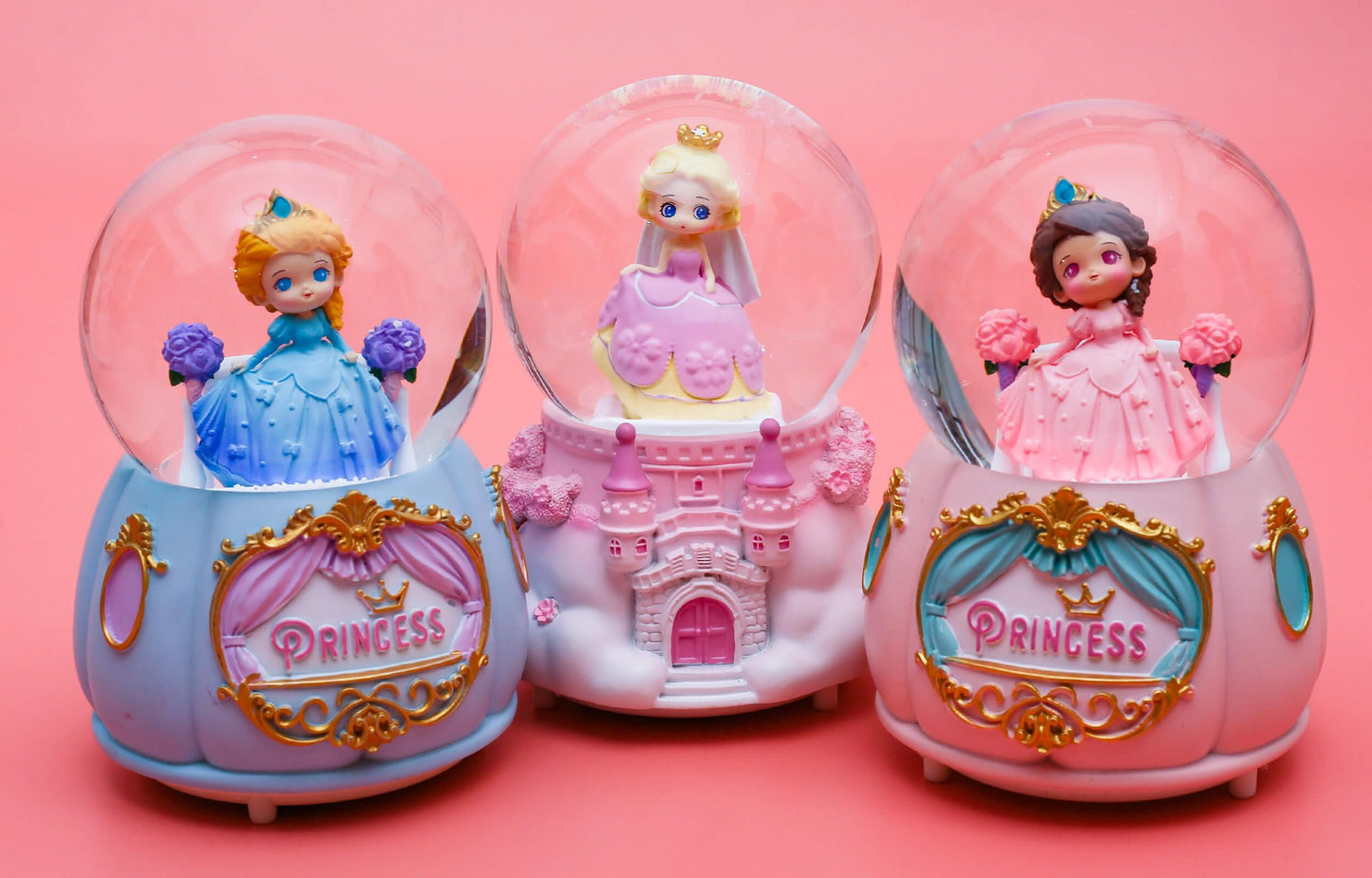 Dalekana Snow Globe with Light for Christmas & Birthday Gift, 80mm Crystal Musical Glitter Glass Water Ball Decoration, Princess - Pink Snowglobe, 3.5" x 3.5" x 5"