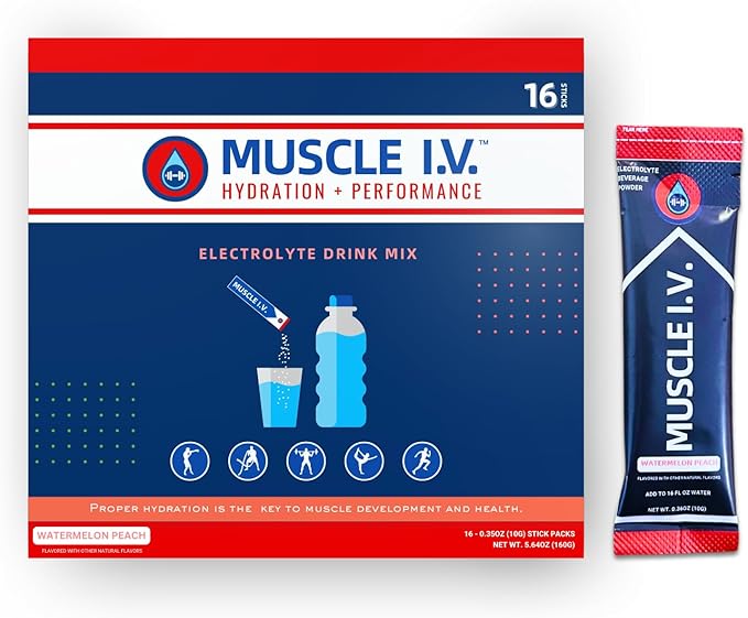 Muscle I.V.® Hydration Electrolyte Drink Mix - Watermelon Peach - 16 Easy Open Single Serve Powder Stick Packs | Caffeine ...