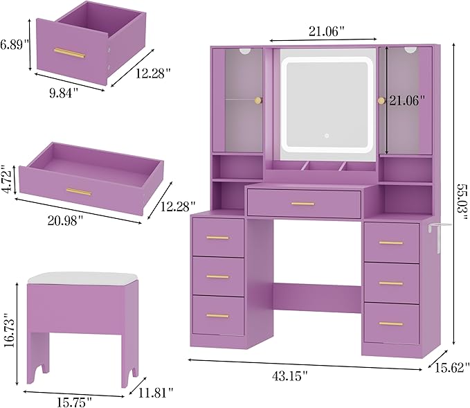 Makeup Vanity with LED Light Strip Mirror and Chair, 7 Drawers & 2 RGB Cabinets Black Vanity Makeup Desk with Power Strip, Adjustable LED Lighting, and Cushioned Stool for Women, Girls, Teens