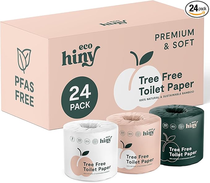 ecoHiny Premium & Soft Bamboo Toilet Paper | PFAS Free | 24 Mega Rolls, 3 ply & 350 Sheets | Non Toxic, FSC Certified, Septic Safe, BPA Free | Tree Free Toilet Tissue | Plastic Free Packaging