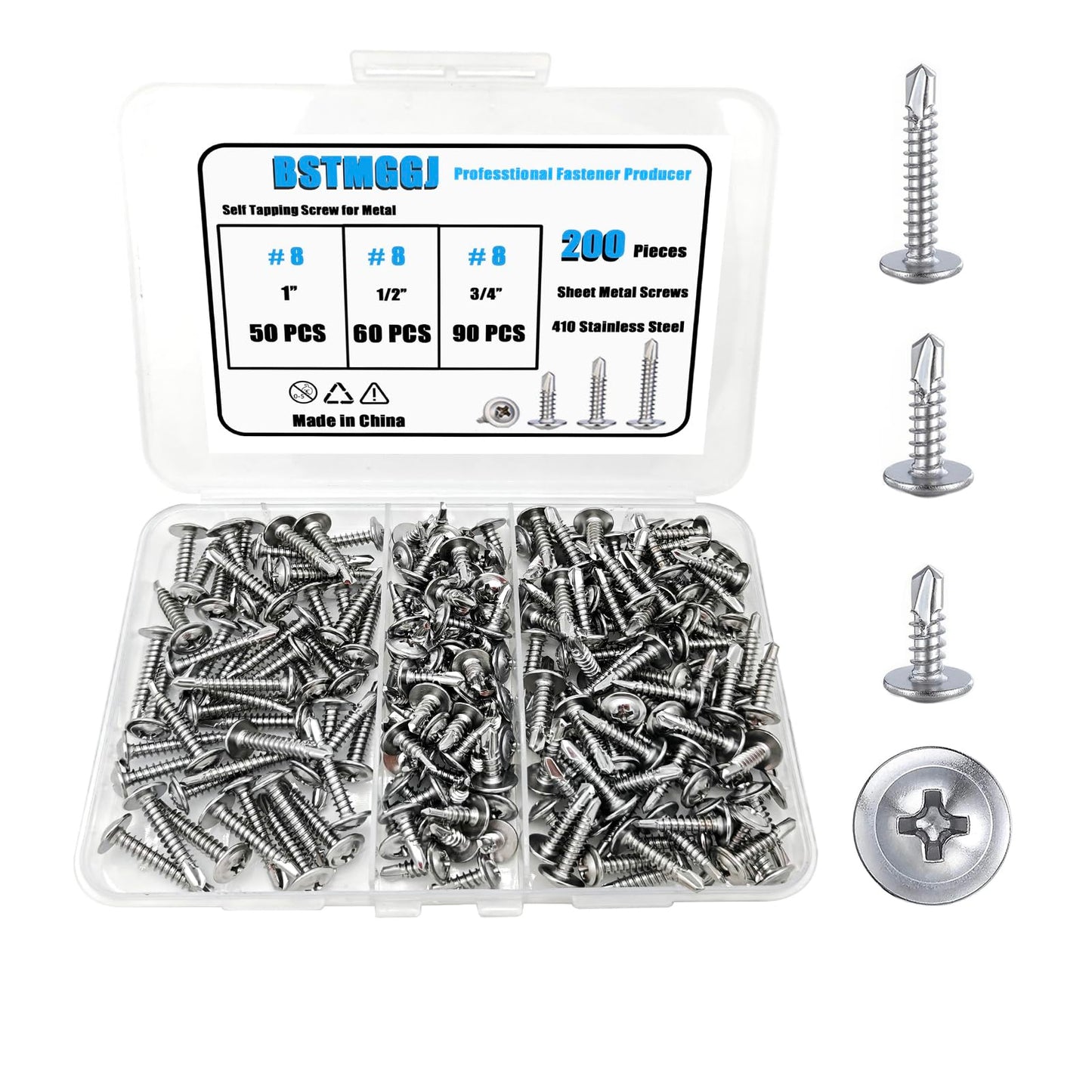 BSTMGGJ 200pcs #8 Self Tapping Screws for Metal,410 Stainless Steel Sheet Metal Screws Assortment Kit, Self Drilling Screws (1/2", 3/4", 1") Modified Truss Head