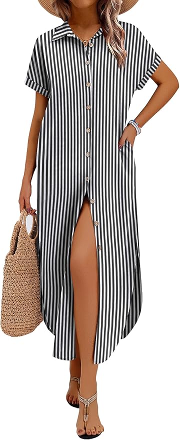 Zeagoo Womens Summer Casual Short Sleeve Button Down Long Shirt Dresses Loose Swimsuit Beach Cover Ups with Pockets