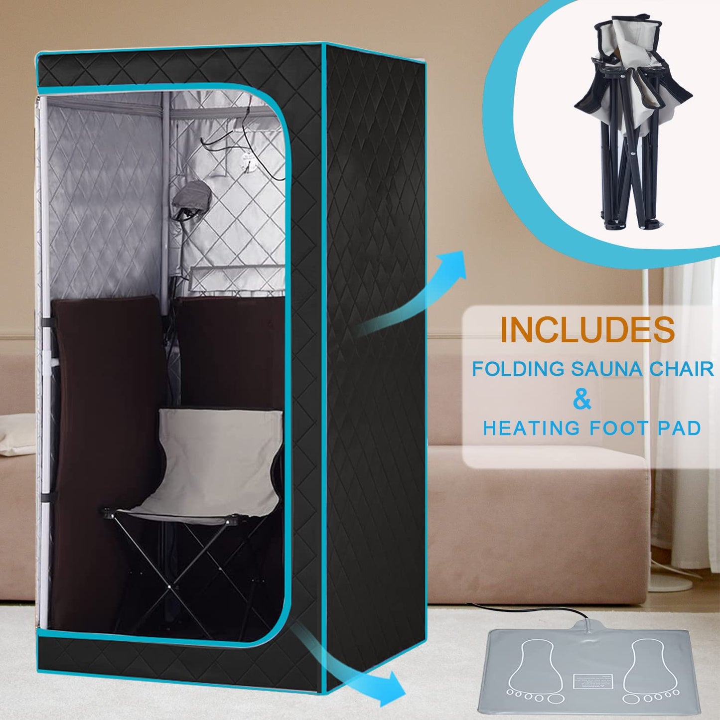 AURGOD Portable Infrared Sauna for 1 Person, Full Size Home Sauna Box with Premium Dry Heating, Remote Temperature Control, Heated Foot Pad & Reinforced Folding Chair