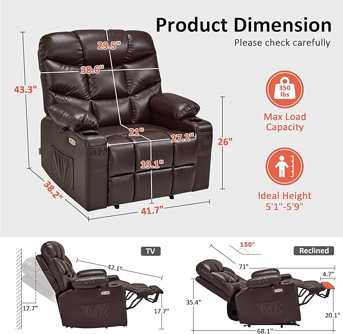 MCombo Oversized Power Lift Recliner Chair with Extended Footrest, Extra Wide 27.2" for Big and Tall Elderly People, Faux Leather R7289 (Dark Brown, Medium-Oversize)