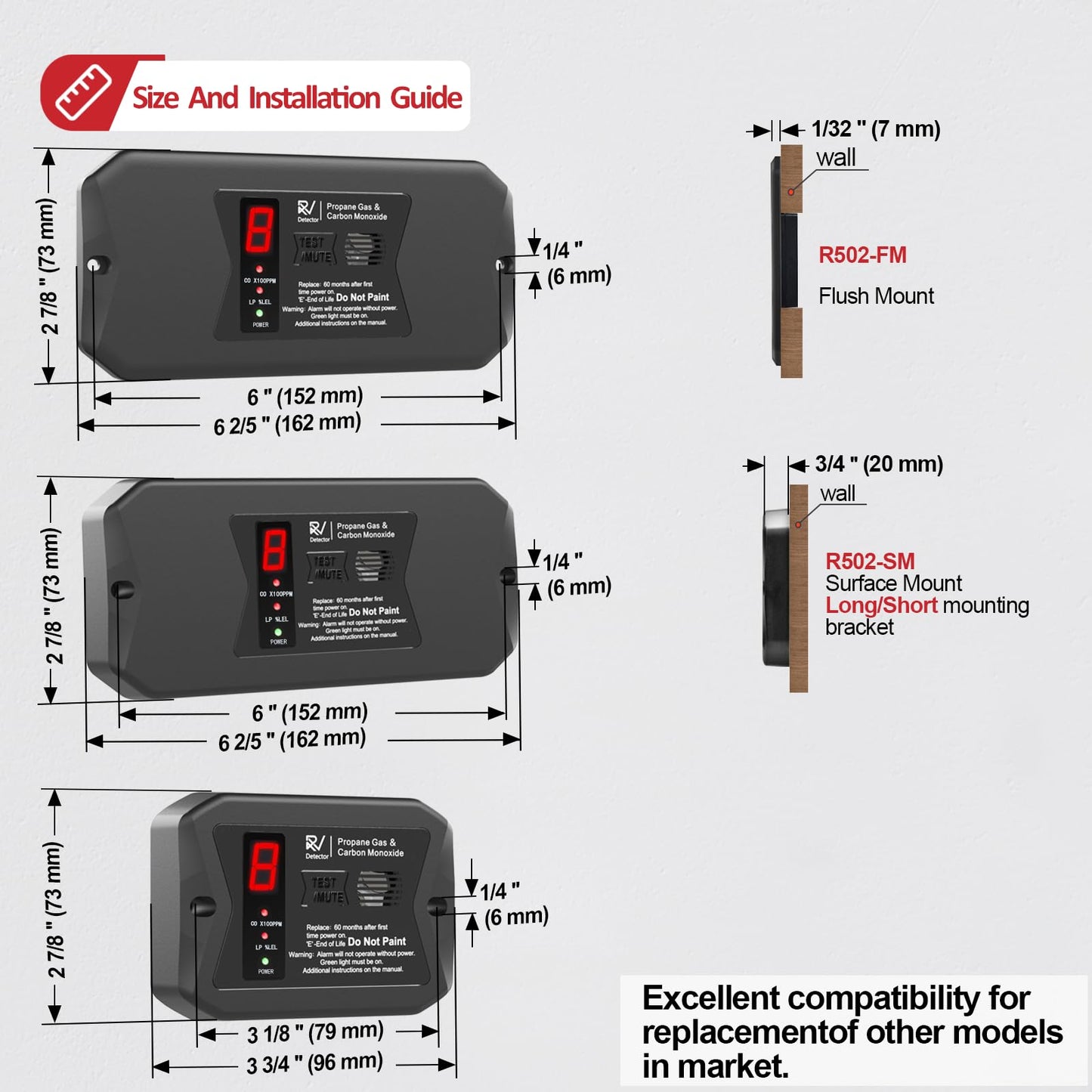 RV Dual LP/CO Alarm, RV Carbon Monoxide & Propane Detector, Hardwired-12V DC with 3 Different Brackets for Motorhome Travel Trailer, Motor Coach, Truck Camper (R502 Black)