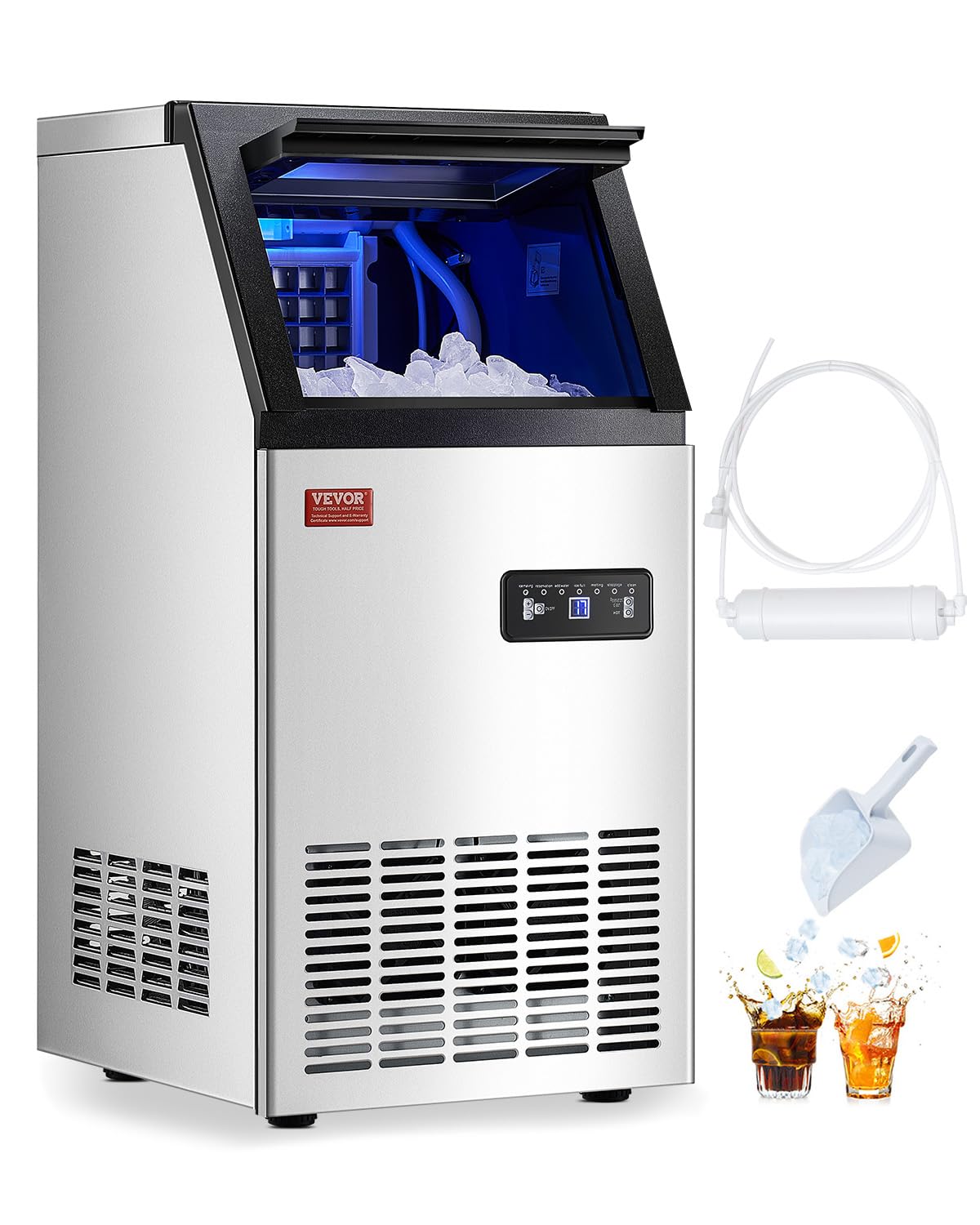 VEVOR Commercial Ice Maker, 100lbs/24H Ice Maker Machine with 28lbs Storage Capacity, 40 Ice Cubes in 15 Minutes, Freestanding Ice Maker for Bar Home Office Restaurant, LED Display, Self-Cleaning