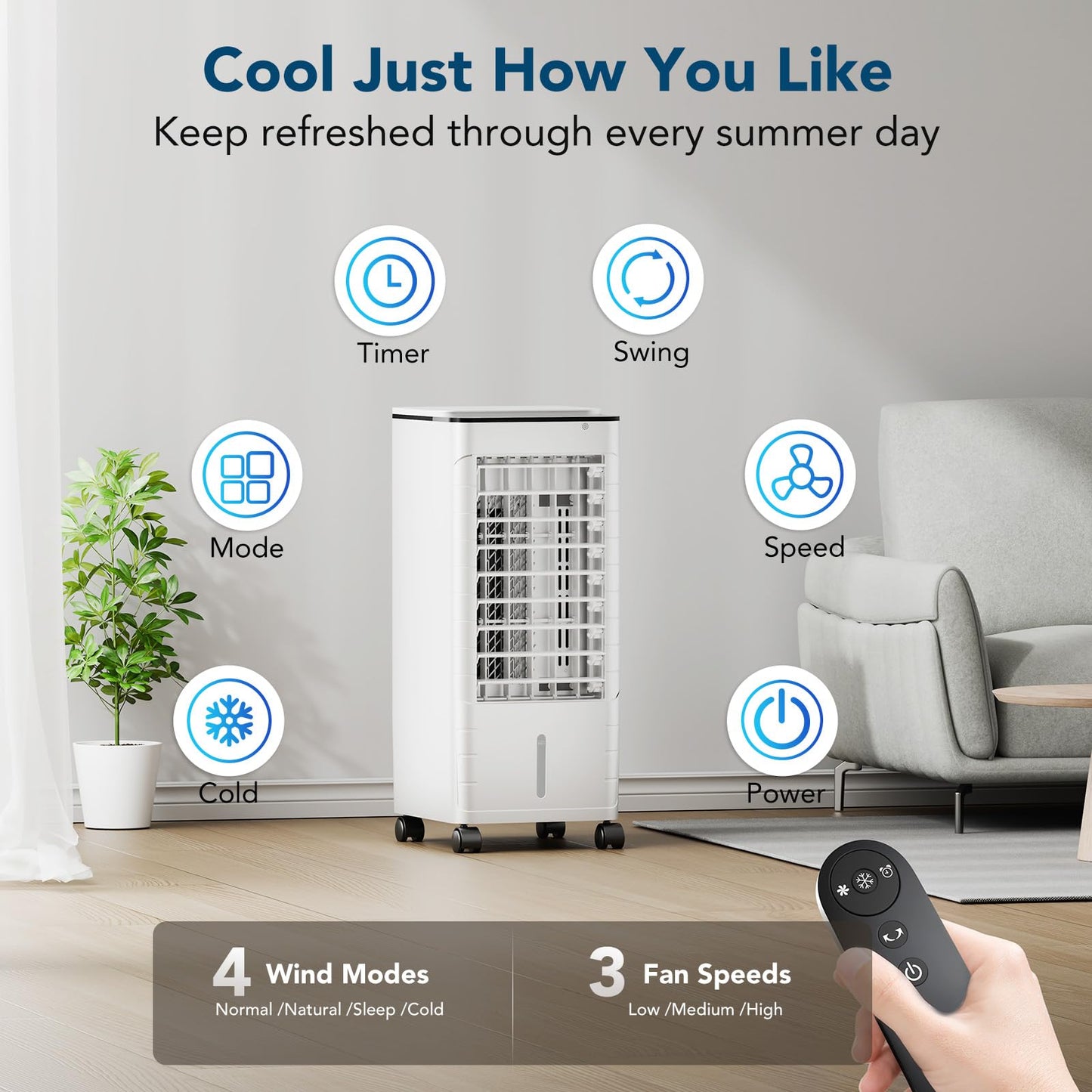 Windowless Portable Air Conditioners with Remote, Ventless Ac Unit Ductless Air Cooler,Hoseless Quiet Evaporative Oscillating Swamp Cooler,12H Timer & 4 Ice Box for Room Indoor Outdoor Office Bedroom