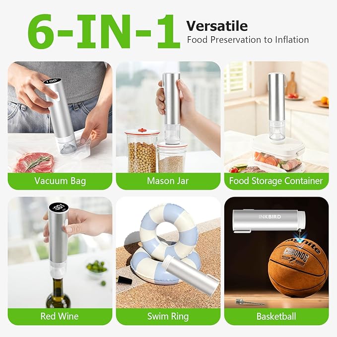 INKBIRD Compact Vacuum Sealer for Food, 6-In-1 Powerful Handheld Vacuum Sealer Machine+10 Reusable Sous Vide Bags+ 4 Reusable Jar Lids, Seal Meal 10X Fresh, Wireless & Portable & Rechargeable
