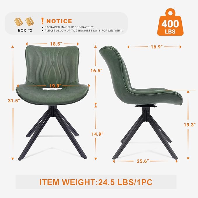 VATROS Dining Chairs Set of 4, 360° Swivel Upholstered Mid-Century Modern Kitchen Dining Room Chairs, Armless Faux Leather Accent Side Chair with Padded Back,Metal Legs for Living Room Bedrooms,Green