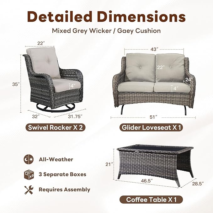 Belord 4 Piece Patio Furniture Set - Outdoor Glider Bench with Swivel Rocker Chairs and Coffee Table, High Back Small Outdoor Conversation Furniture Sets for Deck Sunroom Balcony Backyard