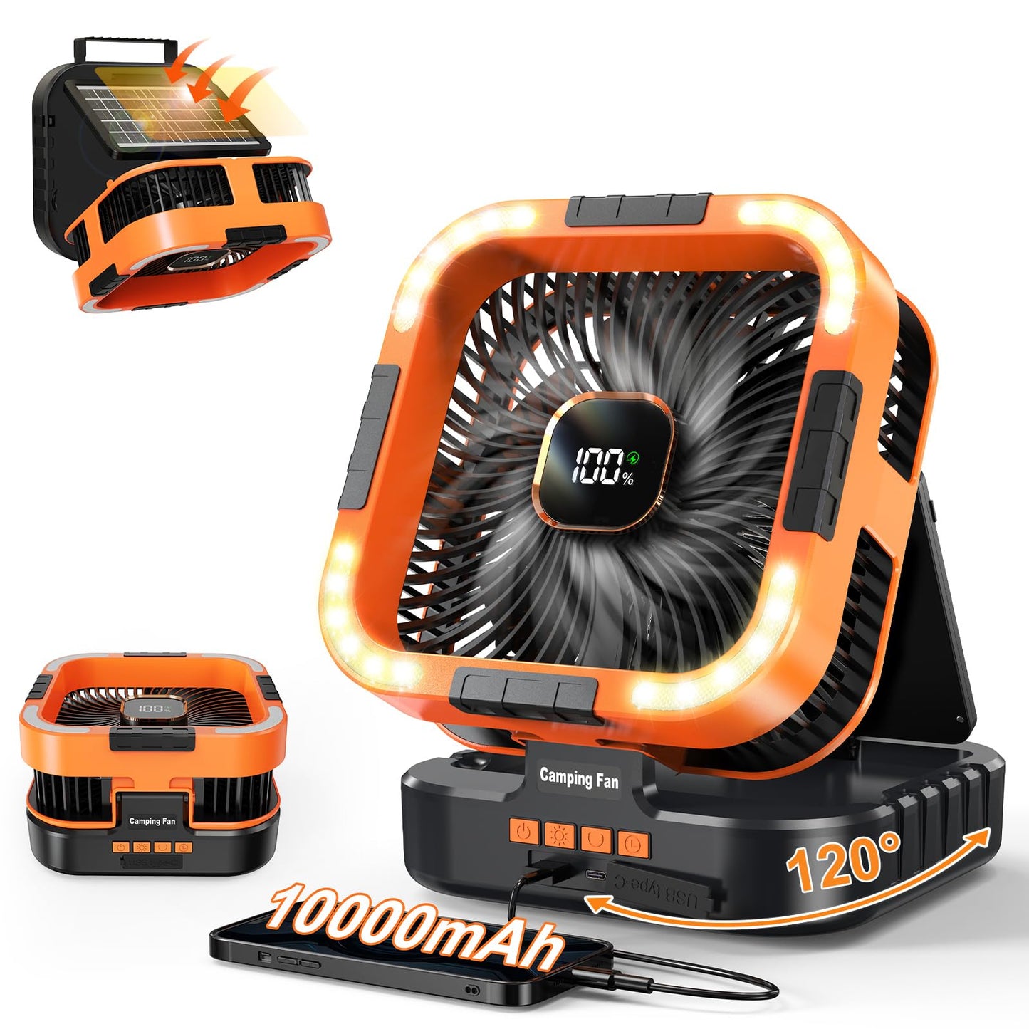 Portable Camping Fan With Solar Panel, 10000Mah Solar Powered Fan, 6 Speed Levels, 120 Oscillation, 3 Light Modes, 6H Timer, Han