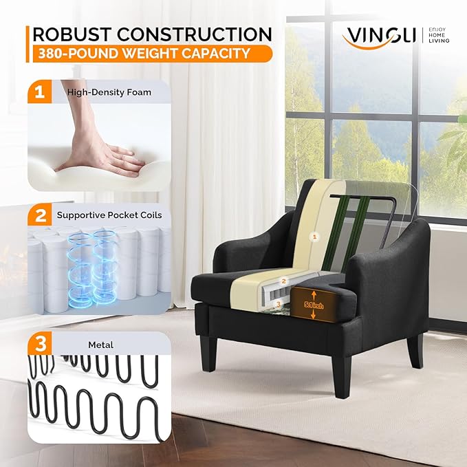 VINGLI Linen Fabric Accent Chairs Set of 2, Black Modern Upholstered Armchair, Comfy Sofa Chair Living Room Bedroom Furniture for Apartment
