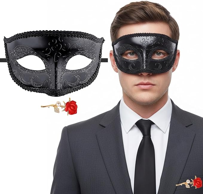 Hyperfun Experience Masquerade Mask for Men with Brooch for Halloween Mardi Gras Party