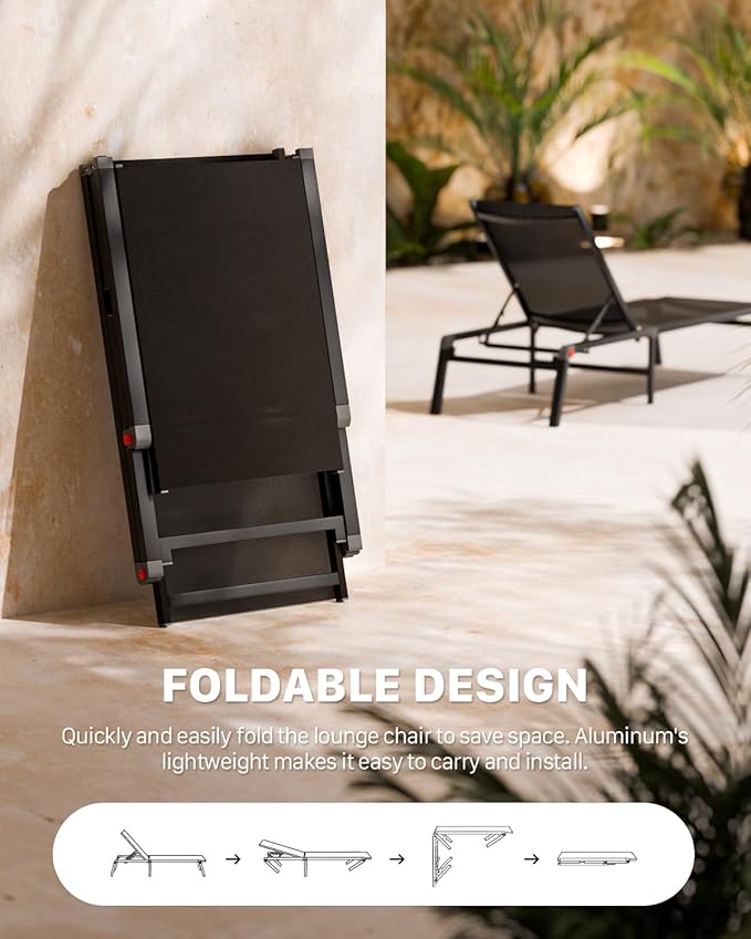 WOAJNQO Aluminum Patio Chaise Lounge Chair Set of 2 with Side Table,5-Position Adjustable Backrest,Foldable Lounge Chair Outdoor,Pool Lounge Chairs for Poolside,Lawn,Deck,Beach (Black, 2 Pack+Table)
