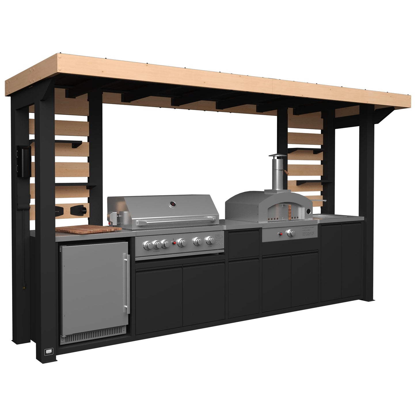 Backyard Discovery Fusion Flame 2 Galvanized Steel Covered Outdoor Kitchen with 5-Burner Stainless Steel Grill, Pizza Oven, Refrigerator, Sink, Storage, and Steel Roof for All-Weather Outdoor Cooking