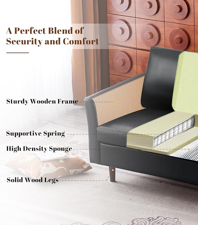 Kingfun Faux Leather 3 Seat Couch for Living Room, Mid Century Modern Sofa with Rolled Arms and Deep Seats, Fluffy Comfort for Apartment, Easy to Assemble, Black