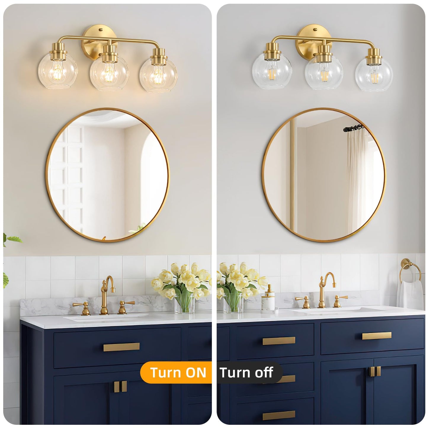 Bathroom Light Fixtures Gold Vanity Light 3 Light Wall Sconces Lighting Brushed Brass Lights with Clear Globe Glass Shades Bath Wall Lamp for Mirror Kitchen Living Room Bedroom Hallway