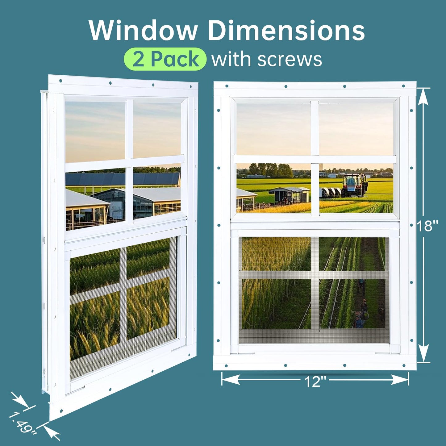 Melkus 2 Pack Shed Windows, 12"x18" Flush Mount Chicken Coop Windows with Thicker Tempered Glass and Screen, Sliding Windows for Chicken Coop, Shed, Garage, Playhouse, Barn,Greenhouse, White
