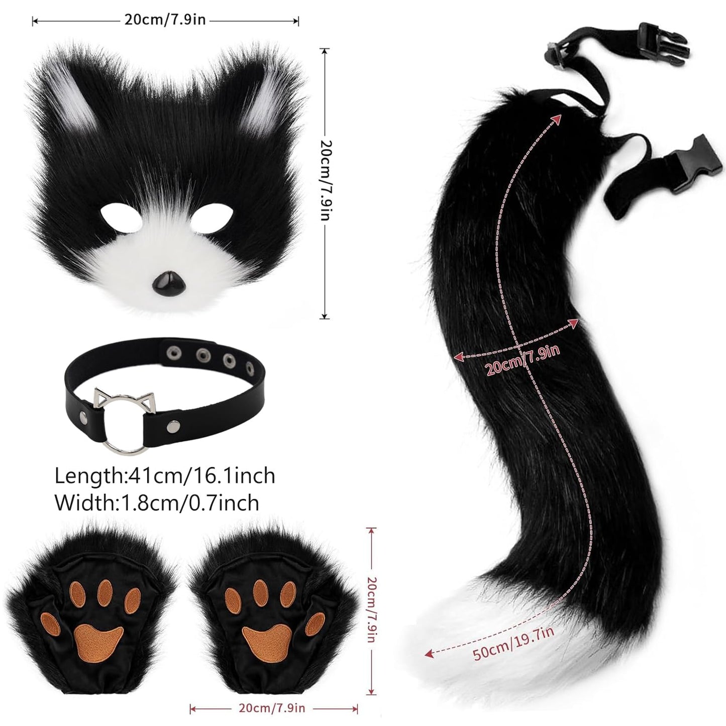 Mifhnby Faux Fur Fox Tail Wolf Cat Mask Paw Gloves Leather Necklace Set Halloween Christmas Party Cosplay Costume (black White)