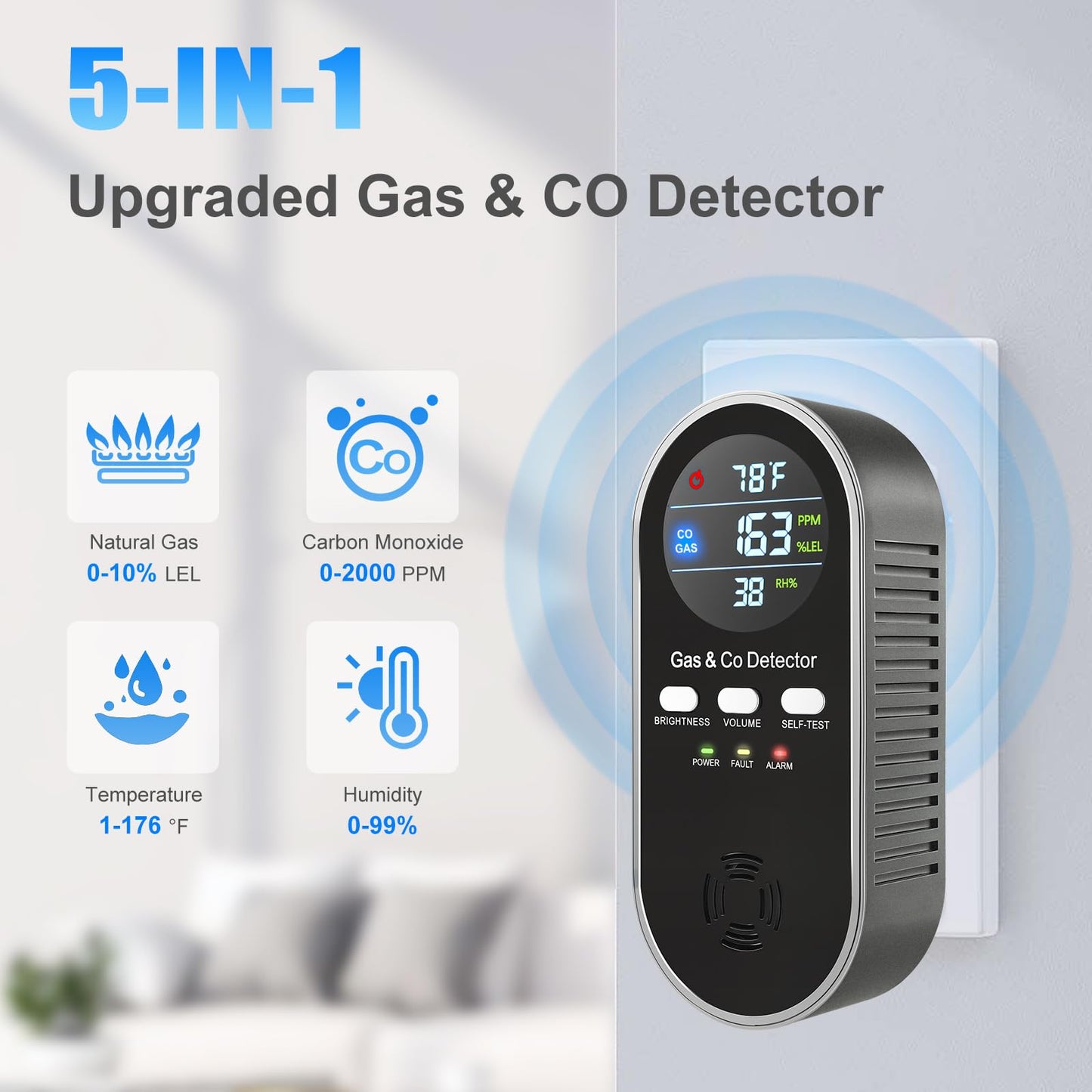 5 in 1 CO & Combustible Gas Detector with Digital Display | Plug-in + 9V Battery Backup | Adjustable Alerts & Self-Test | Carbon Monoxide Detectors for Home, Kitchen, RV (3-Pack)