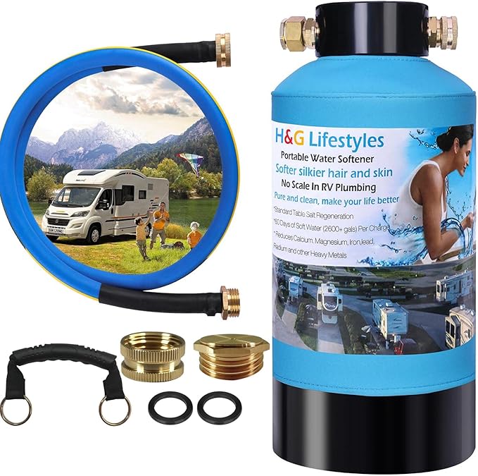 H&G lifestyles Portable Water Softener for RV with Water Hose,5A Food-Grade 3/4" Brass Fittings 2600 Gallons Softens Hard ...