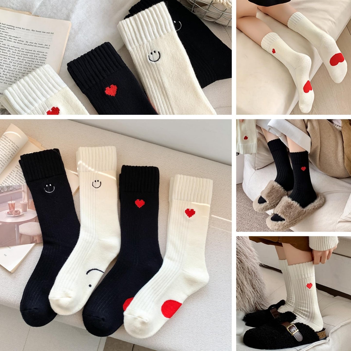Heart Socks Women Fuzzy Socks Smiling Face Warm Cozy Soft Ankle Socks Fluffy Thick Winter Home Barefoot Crew Socks (4Pairs[White Heart+Black Heart+White Smiling Face+Black Smiling Face])