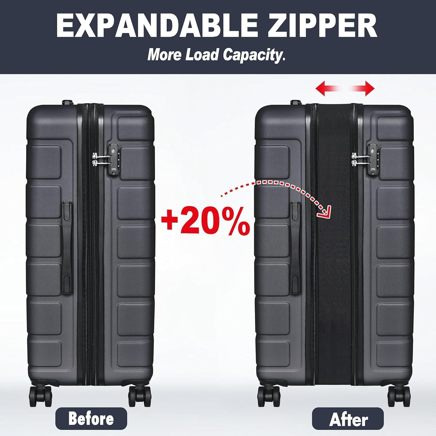 KEYTANG Explorer Lightweight Hardshell 20% Expandable 3-Piece Luggage Set with TSA Lock, Double Spinner Wheels, and Carry-On Suitcase, Grey