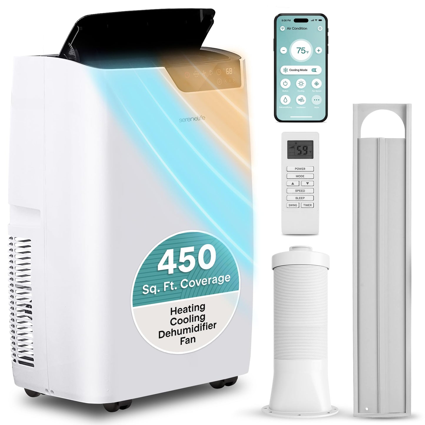 SereneLife Single Duct Portable Air Conditioner and Heater 12000 BTU Portable AC Unit with Smart WiFi Control, Dehumidifier & Fan Modes, Portable Air Conditioners for Bedroom or Room up to 450 Sq Ft