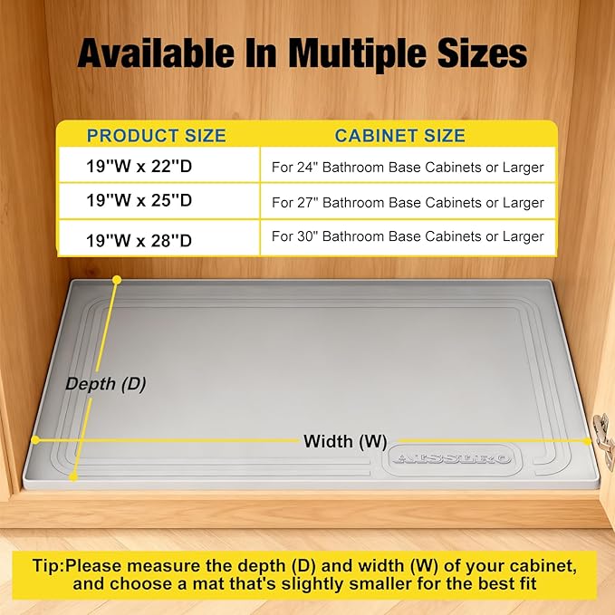 Under Sink Mat 28" X 19", Waterproof Silicone Under Sink Mats for Kitchen, Anti-Leak Shelf Liner & Cabinet Protector with Raised Edge, [BPA Free] Bathroom Tray Home Organizer, Light Grey