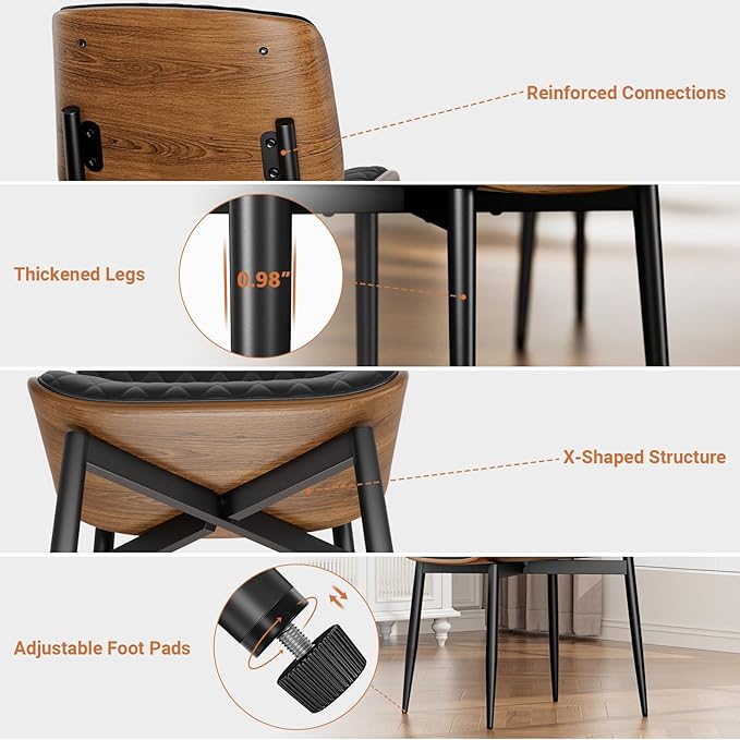 YaFiti Dining Chairs Set of 4, FSC Certified Mid Century Modern Accent Dining Room and Kitchen Chairs, Upholstered PU Leather Diamond Check Chairs with Walnut Bentwood and Metal Legs, Black