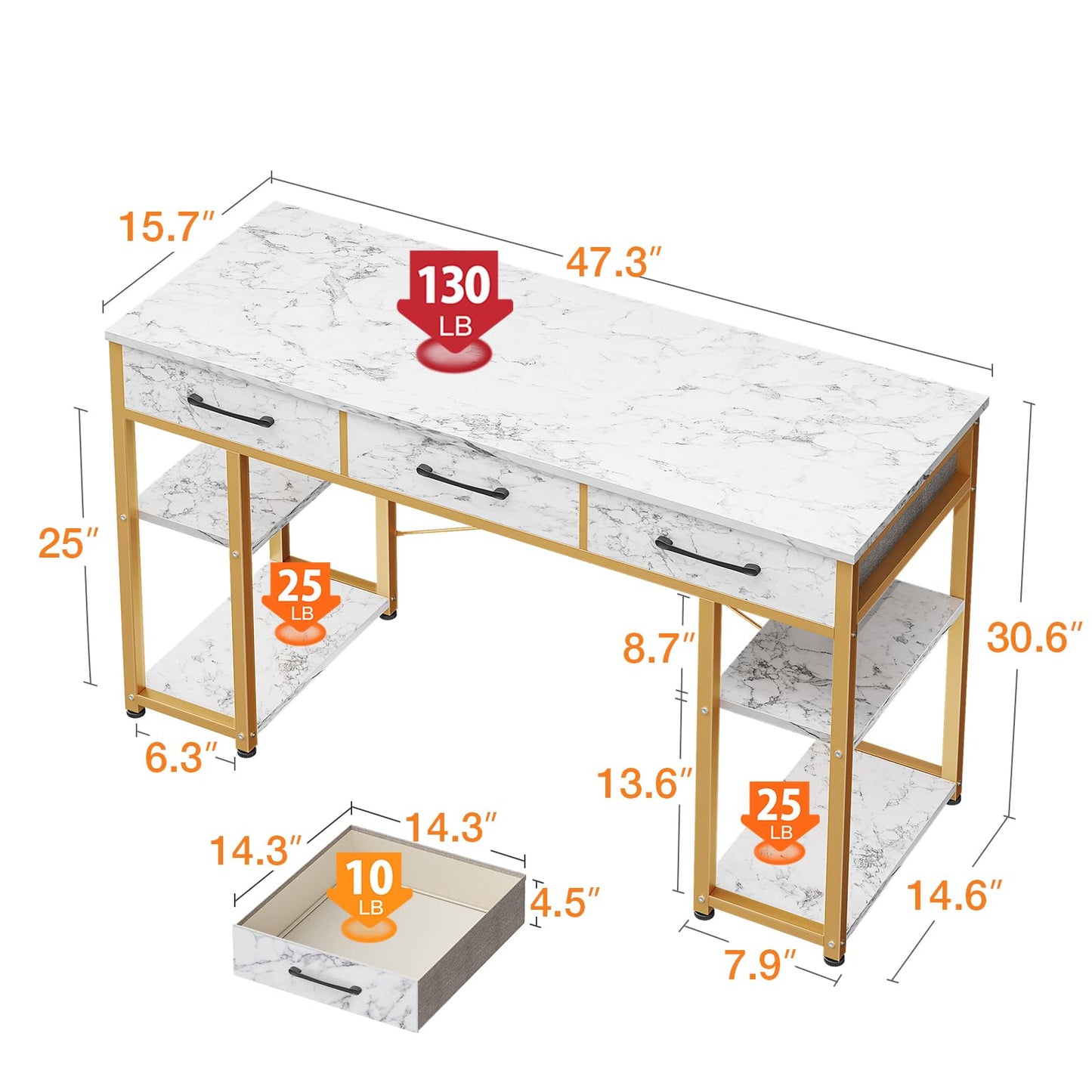 ODK Vanity Desk with 3 Fabric Drawers & Storage Shelves, Makeup Dressing Table, Home Office Desks for Bedroom, Small Modern Writing Desk for Girls Bedroom, White and Gold, 48"x16" (No Mirror)