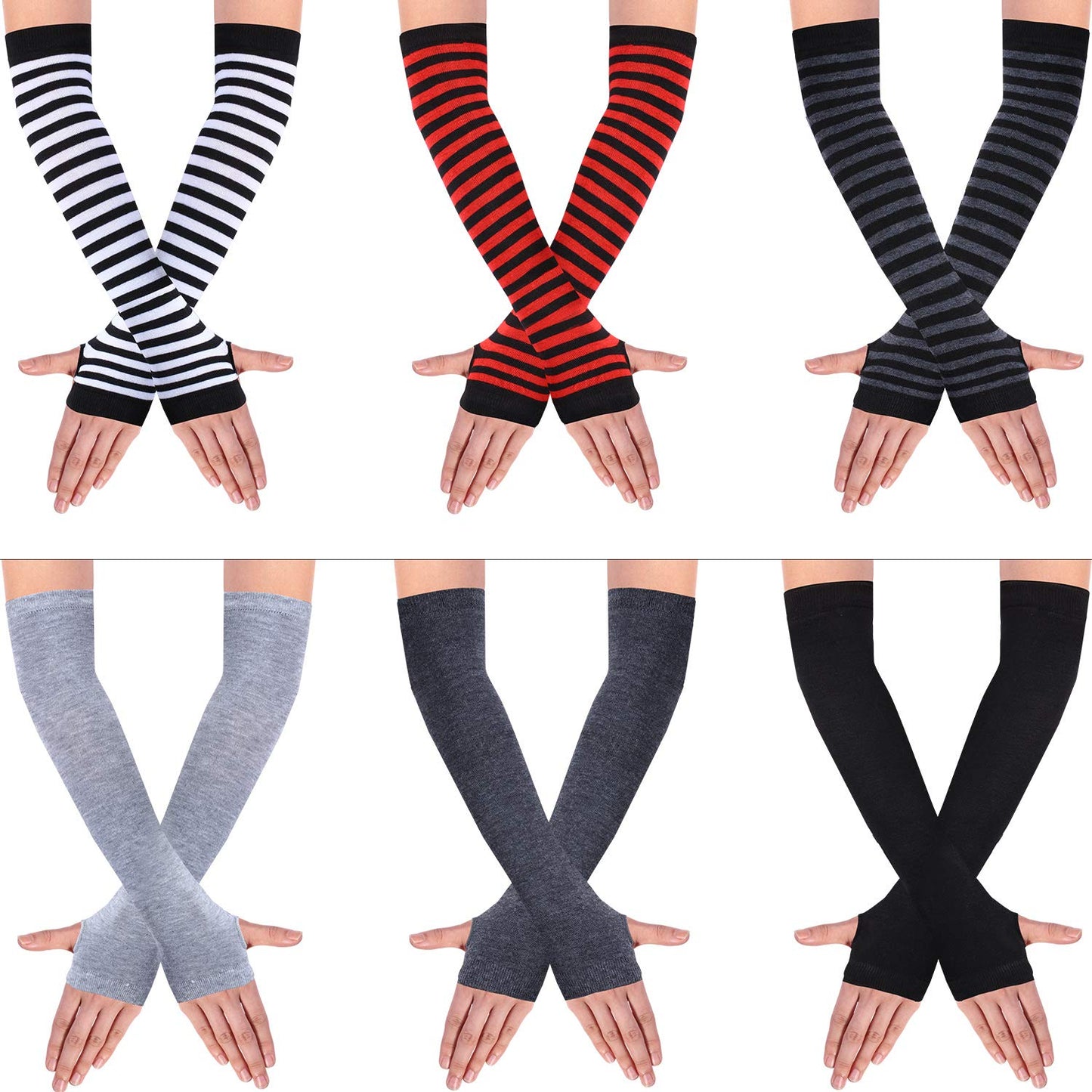 SATINIOR 6 Pairs Long Fingerless Gloves for Women Knit Thigh High Striped Arm Warmer Thumb Hole Stretchy Gloves(Multi-color)