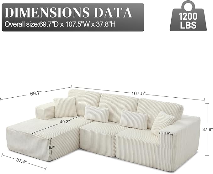 HYJT-H&K Modular Sectional Sofa Cloud Sectional Couch, 107" Comfy Fluffy L Shaped White Couches for Living Room, Deep Seat Memory Foam Plush Corduroy Boneless Couch Sectionals Left Facing Chaise Sofa