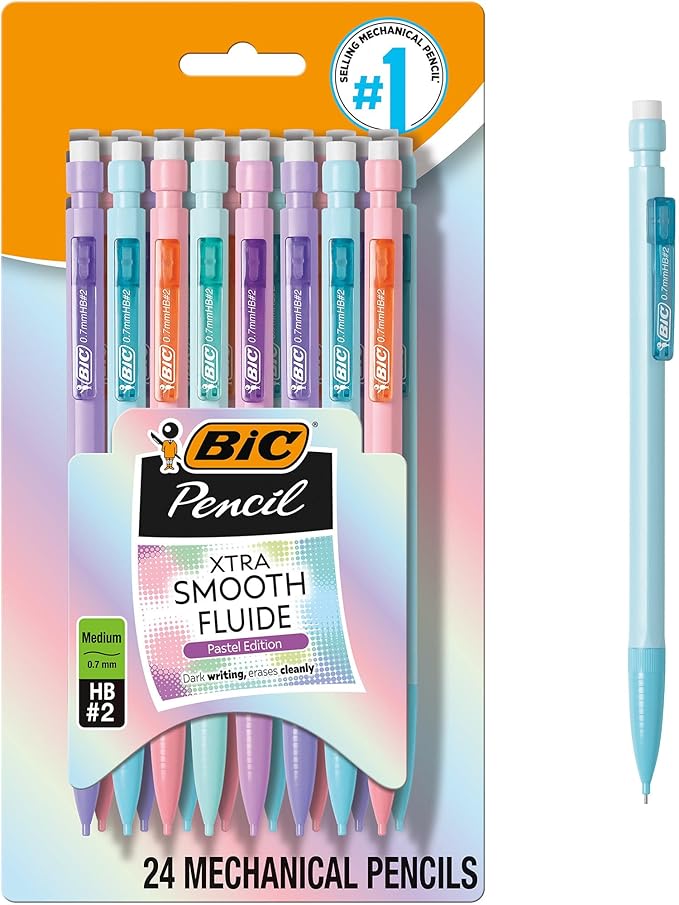 BIC Xtra-Smooth Pastel Mechanical Pencils with Erasers, Medium Point (0.7mm), 24-Count Pack, Bulk Mechanical Pencils for S...
